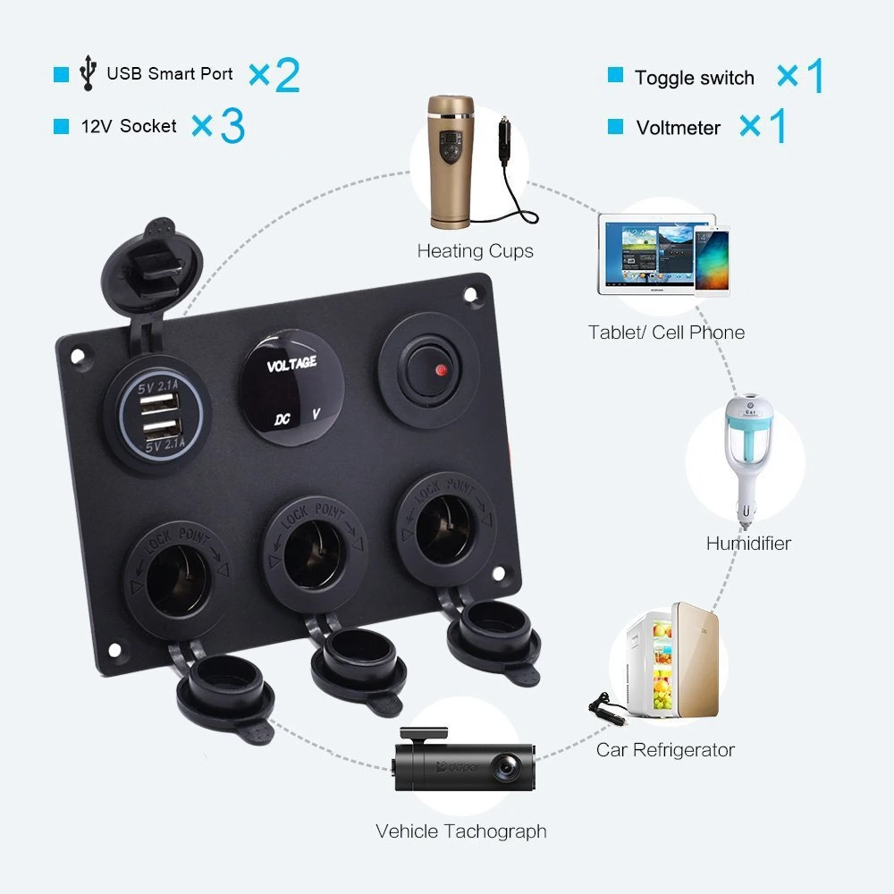 6 Hole Aluminum Automotive Panel with Dual USB Socket, Voltmeter, Power Socket and Toggle Switch